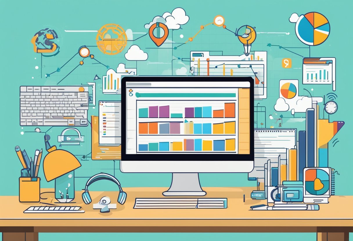 A small business logo appears on a computer screen, surrounded by various digital marketing tools and SEO keywords. A graph shows increasing website traffic and sales